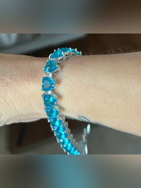 Gold Tone Bracelet with Blue Crystal Hearts - Women Jewelry
